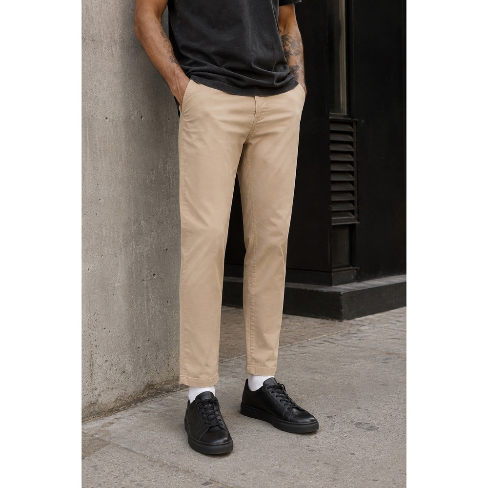 AllSaints Slim Fit Chino Trousers Cotton Twill Flat Front Modern Sand Beige 32